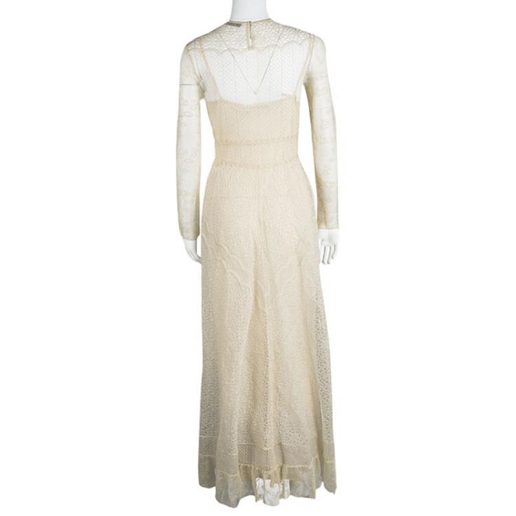 Pre Owned Dior Beige Silk Lace Perforated Knit Long Sleeve Maxi Dress S
