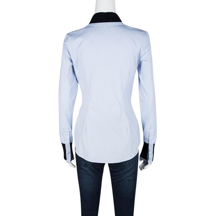 Pre Owned Dior Blue Sequined Collar Contrast Cuff Detail Long Sleeve Shirt S