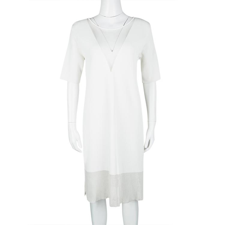 Pre Owned Dior White Knit Mesh Detail Short Sleeve Dress S