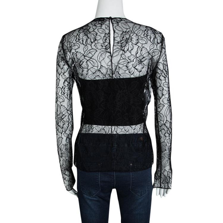 Pre Owned Dior Black Floral Lace Sheer Long Sleeve Top M