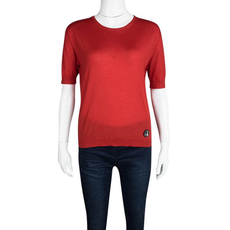 Pre Owned Dior Red Wool Embellished Fly Detail Short Sleeve Top S