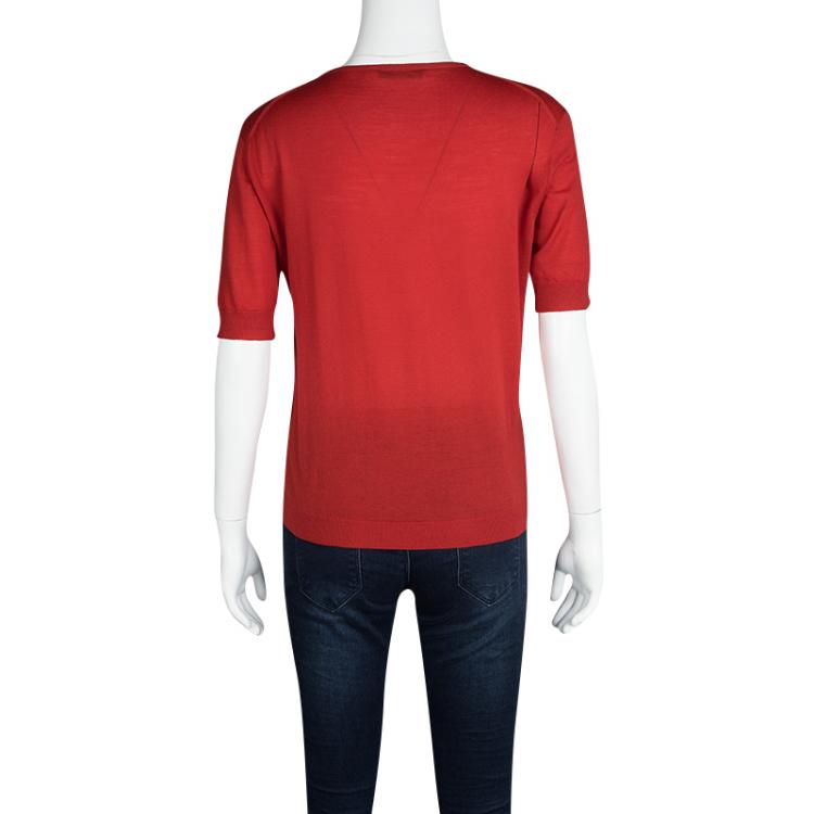 Pre Owned Dior Red Wool Embellished Fly Detail Short Sleeve Top S