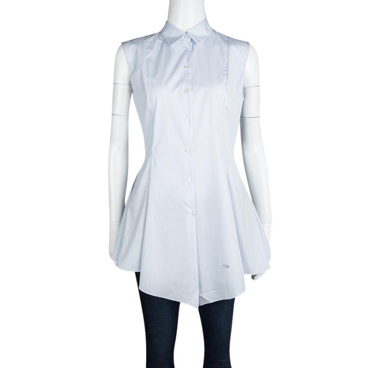 Pre Owned Dior Blue and White Striped Cotton Flared Bottom Sleeveless Long Shirt M