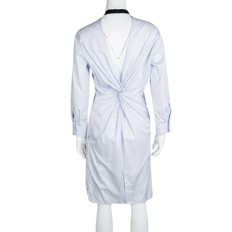 Pre Owned Dior SS'14 Blue Striped Cotton Button Detail Long Sleeve Shirt Dress M