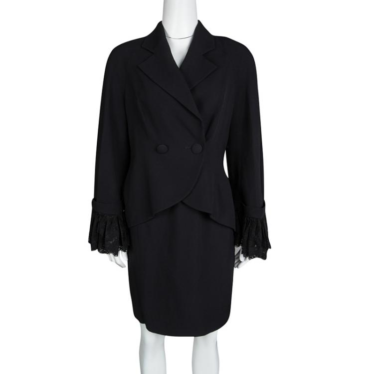 Pre Owned Dior Black Floral Lace Cuffed Blazer and Pencil Skirt Set L