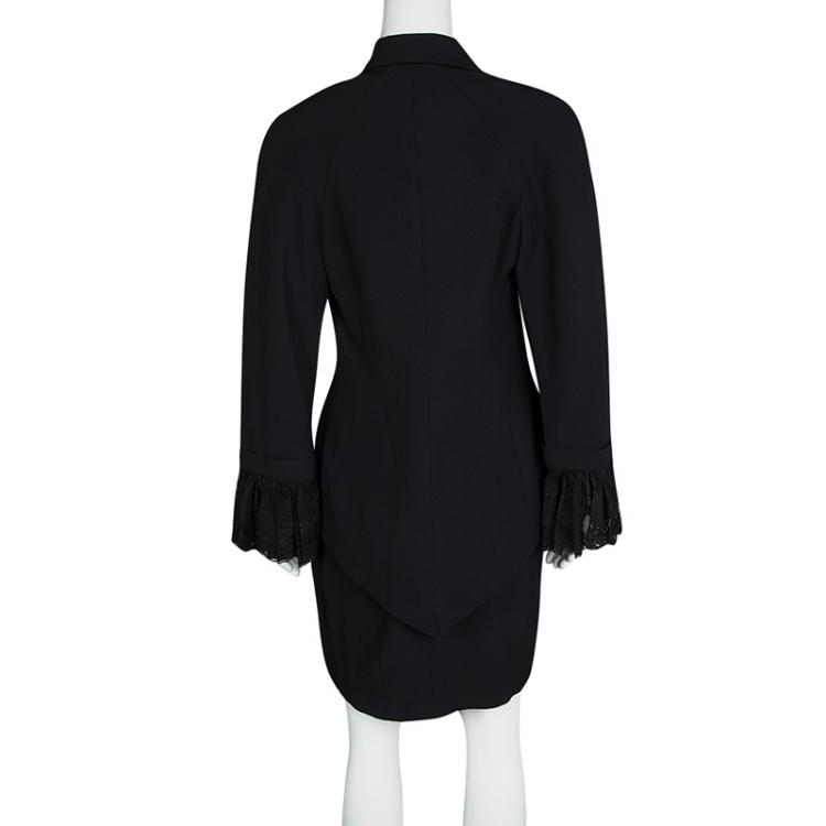 Pre Owned Dior Black Floral Lace Cuffed Blazer and Pencil Skirt Set L