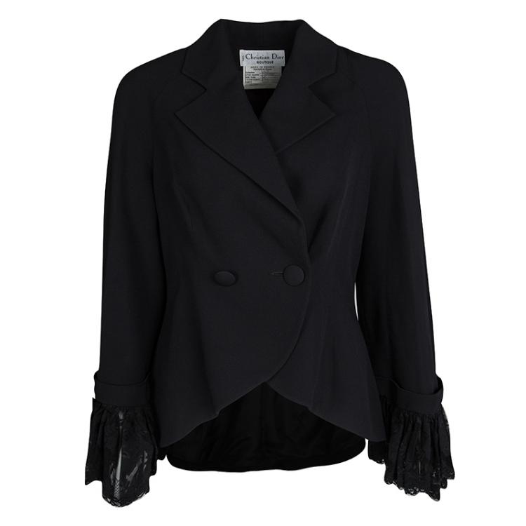 Pre Owned Dior Black Floral Lace Cuffed Blazer and Pencil Skirt Set L