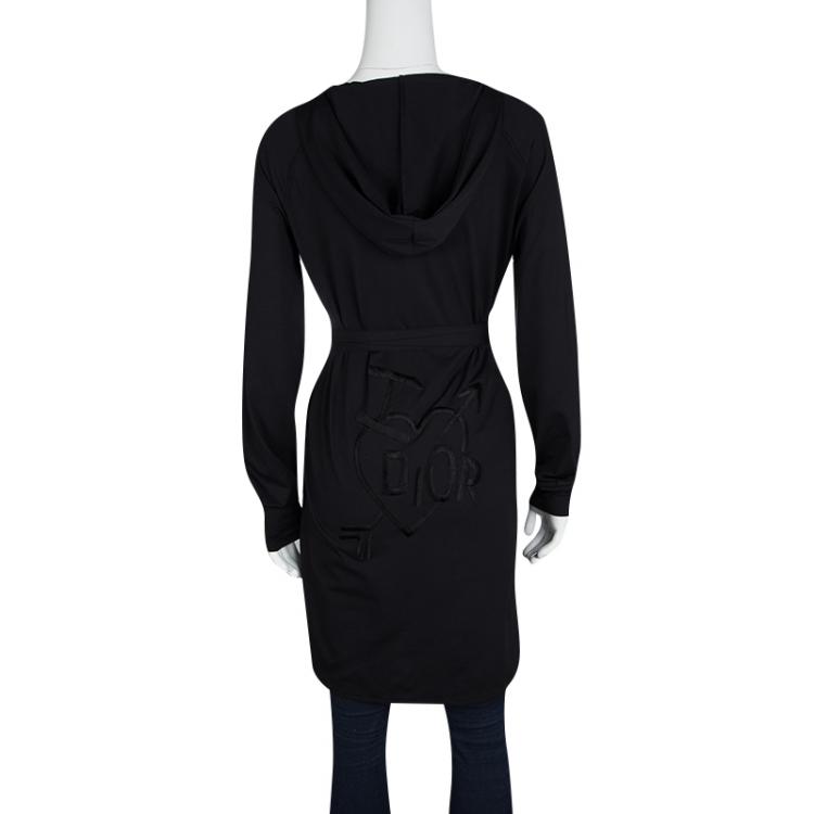 Pre Owned Dior Black Embroidered Hooded Wrap Long Jacket M