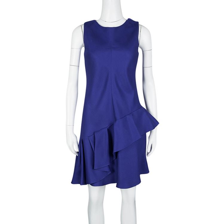 Pre Owned Dior Cobalt Blue Silk Wool Ruffled Bottom Sleeveless Dress M
