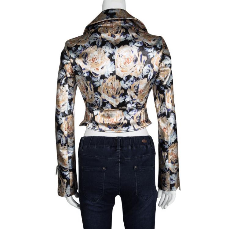 Pre Owned Dior Metallic Floral Painted Lambskin Leather Biker Jacket S