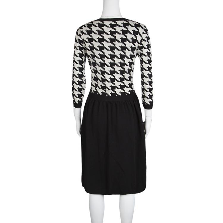 Pre Owned Dior Monochrome Houndstooth Pattern Wool Dress M