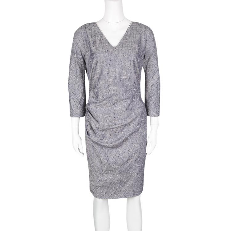 مملوكة مسبقًا Dior Navy Blue Textured Silk Ruched V-Neck Dress M