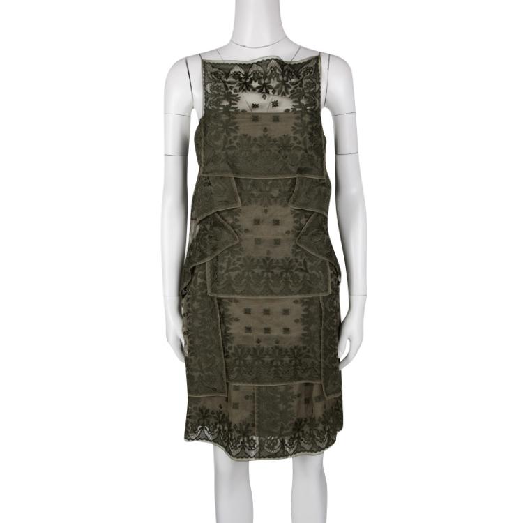 مملوكة مسبقًا Dior Olive Green Embroidered Silk Paneled Sleeveless Dress M