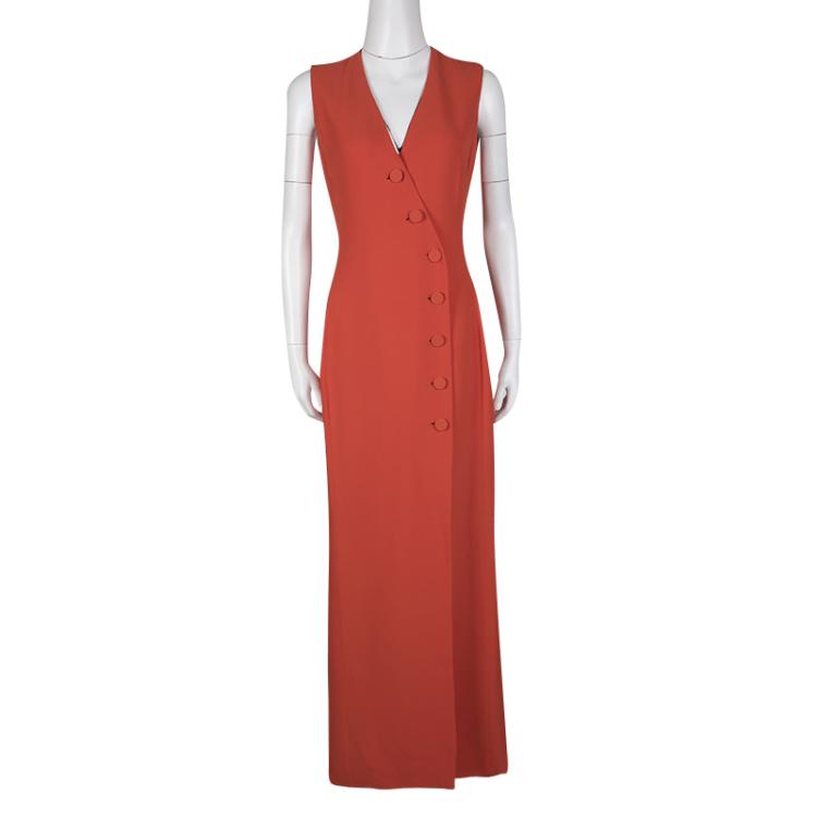 Pre Owned Dior Orange Silk and Wool Blend Asymmetric Button Front Sleeveless Maxi Dress M