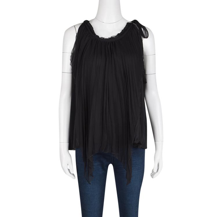 مملوكة مسبقًا Dior Black Plisse Silk Layered Neck Tie Detail Sleeveless Knit Top L