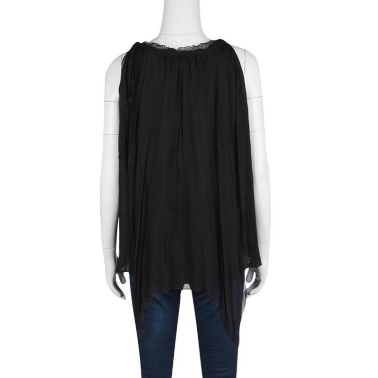 مملوكة مسبقًا Dior Black Plisse Silk Layered Neck Tie Detail Sleeveless Knit Top L