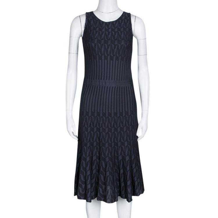 Pre Owned Dior Grey Patterned Jaquard Rib Knit Sleeveless Fit and Flare Dress M