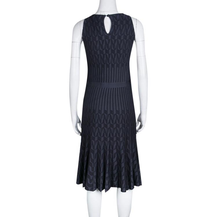 Pre Owned Dior Grey Patterned Jaquard Rib Knit Sleeveless Fit and Flare Dress M