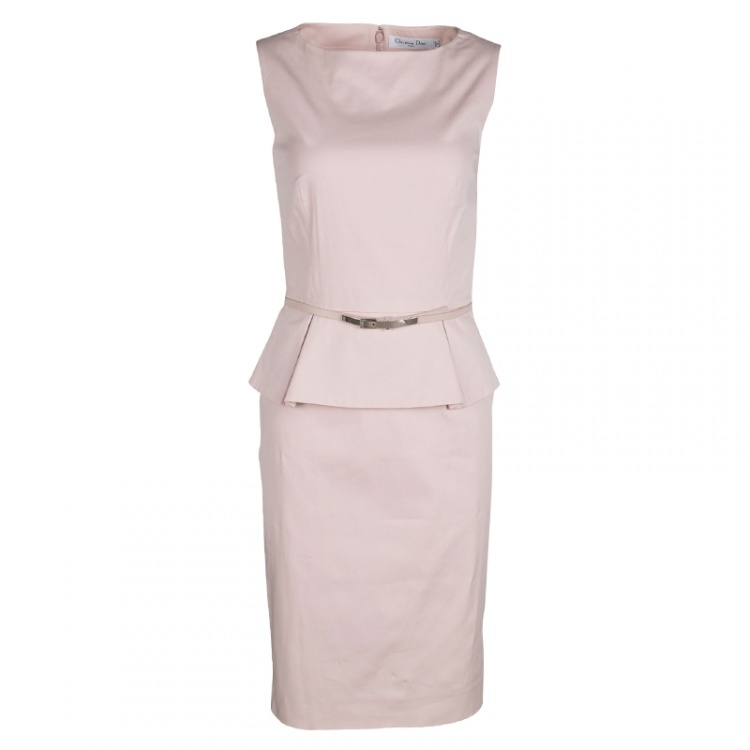 Pre Owned Dior Blush Pink Stretch Cotton Sleeveless Belted Peplum Dress S