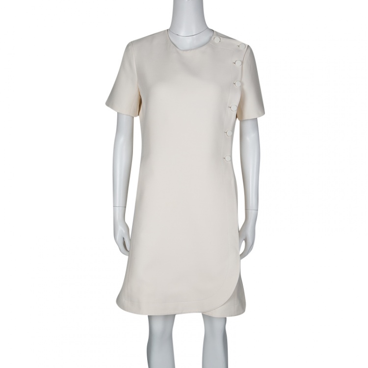 Pre Owned Dior Cream Wool Silk Side Button Detail Dress M