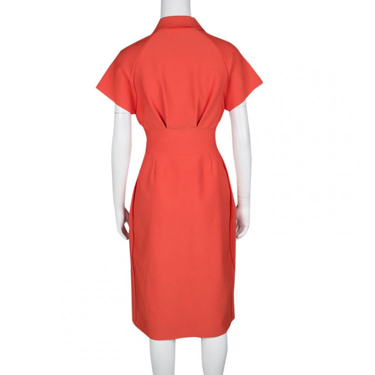 Pre Owned Dior Orange Pleat Detail Zip Front  Dress M