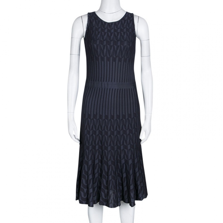 Pre Owned Dior Grey Patterned Jaquard Rib Knit Sleeveless Fit and Flare Dress M