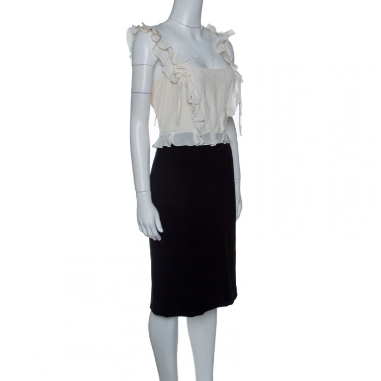Pre Owned Dior Monochrome Lace Insert Ruffle Detail Silk Wool Dress L