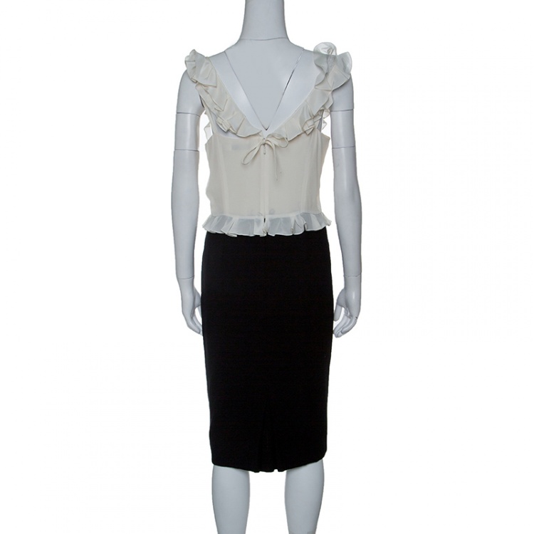 Pre Owned Dior Monochrome Lace Insert Ruffle Detail Silk Wool Dress L