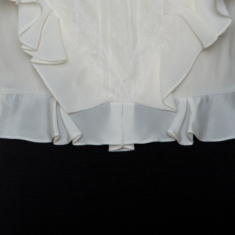 Pre Owned Dior Monochrome Lace Insert Ruffle Detail Silk Wool Dress L