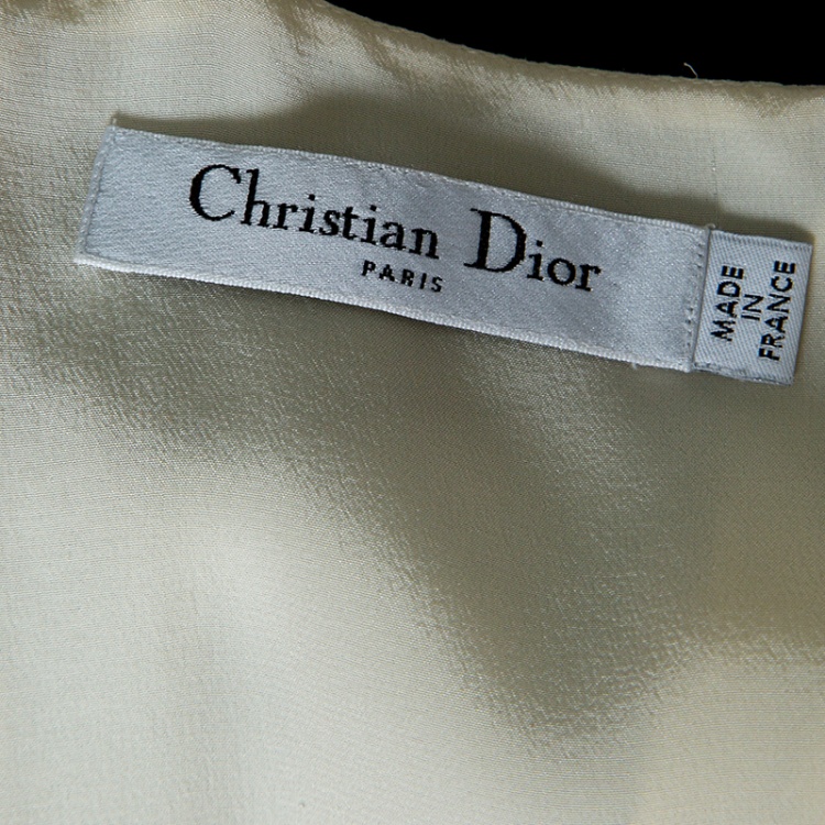 Pre Owned Dior Monochrome Lace Insert Ruffle Detail Silk Wool Dress L