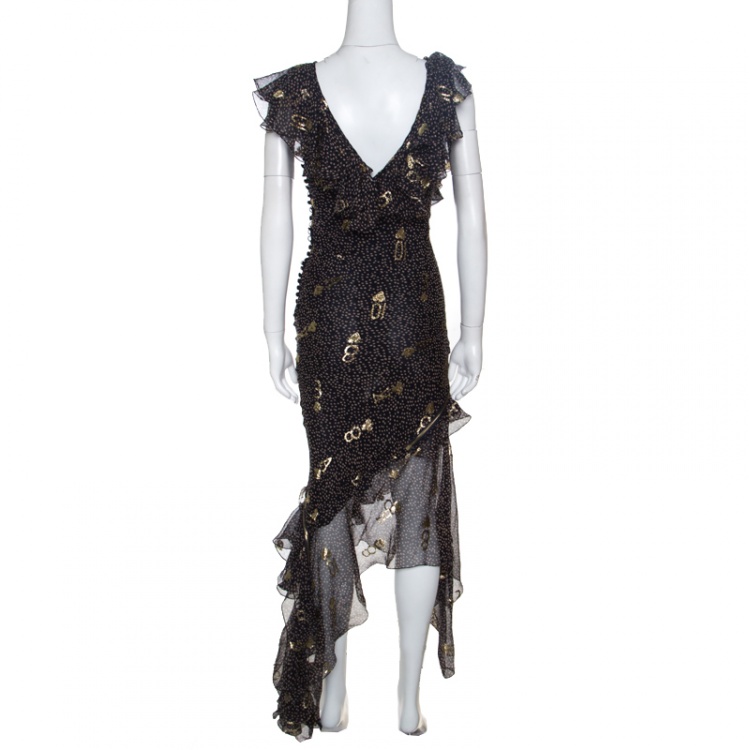 Pre Owned Dior Navy Blue Lurex Detail Ruffled Dotted Asymmetric Dress S