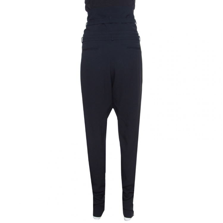 Pre Owned Dior Black Crepe Silk Trim High Waist Fold Over Pants M