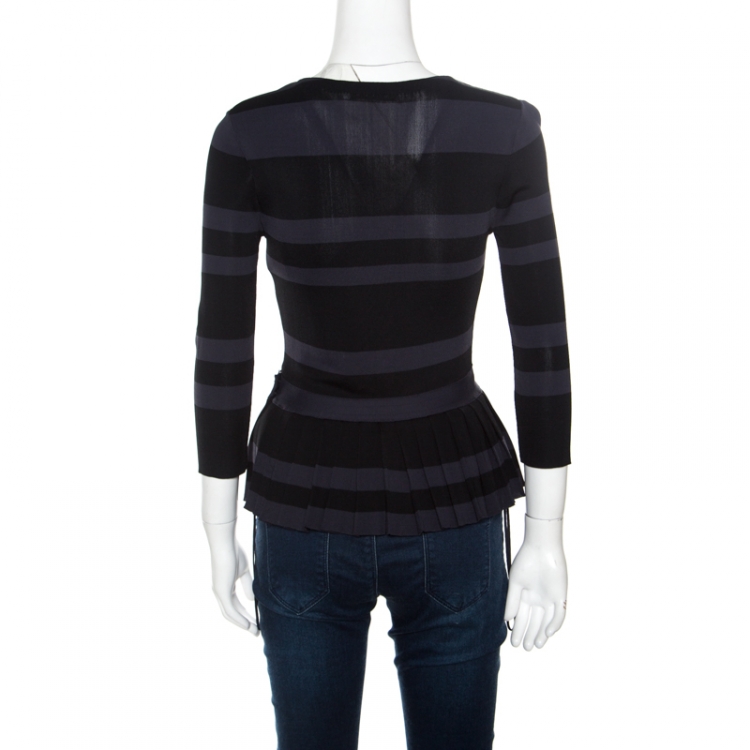 Pre Owned Dior Grey and Black Striped Knit Long Sleeve Peplum Top S