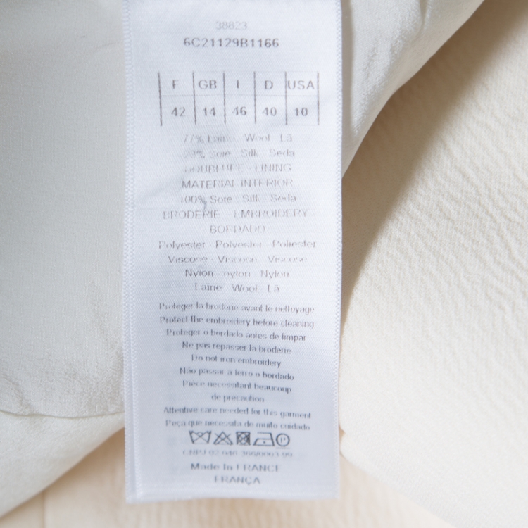 Pre Owned Dior Cream Silk and Wool Applique Detail Sleeveless Coat L