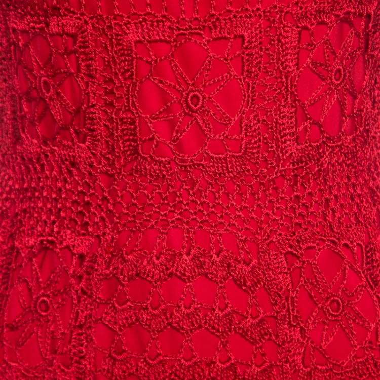 Pre Owned Christian Dior Red Crochet Knit Silk Lined Scalloped Midi Dress M