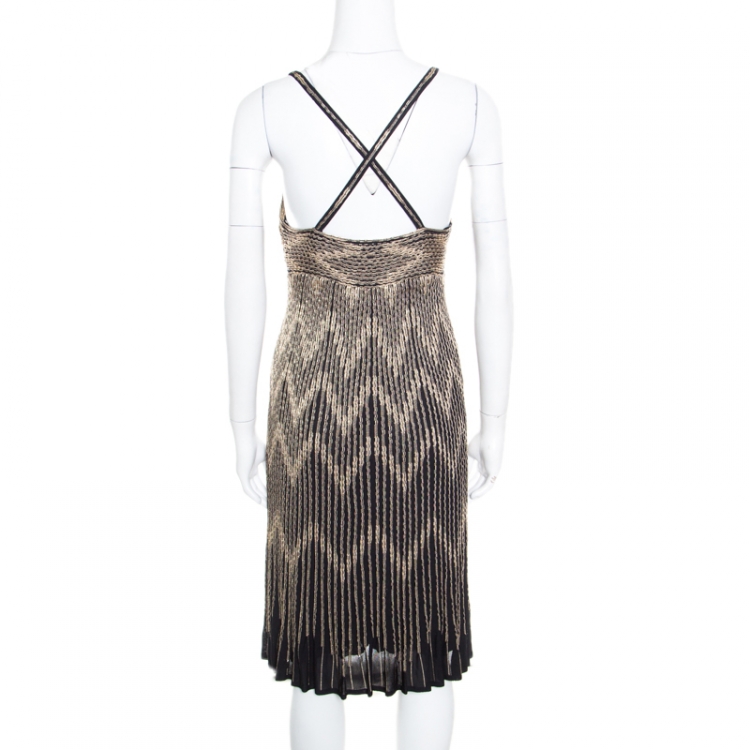 Pre Owned Christian Dior Gold Lurex Chevron Patterned Knit Noodle Strap Ombre Dress M