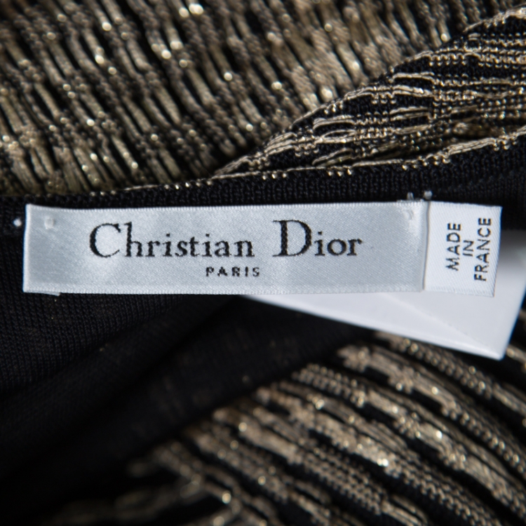 Pre Owned Christian Dior Gold Lurex Chevron Patterned Knit Noodle Strap Ombre Dress M