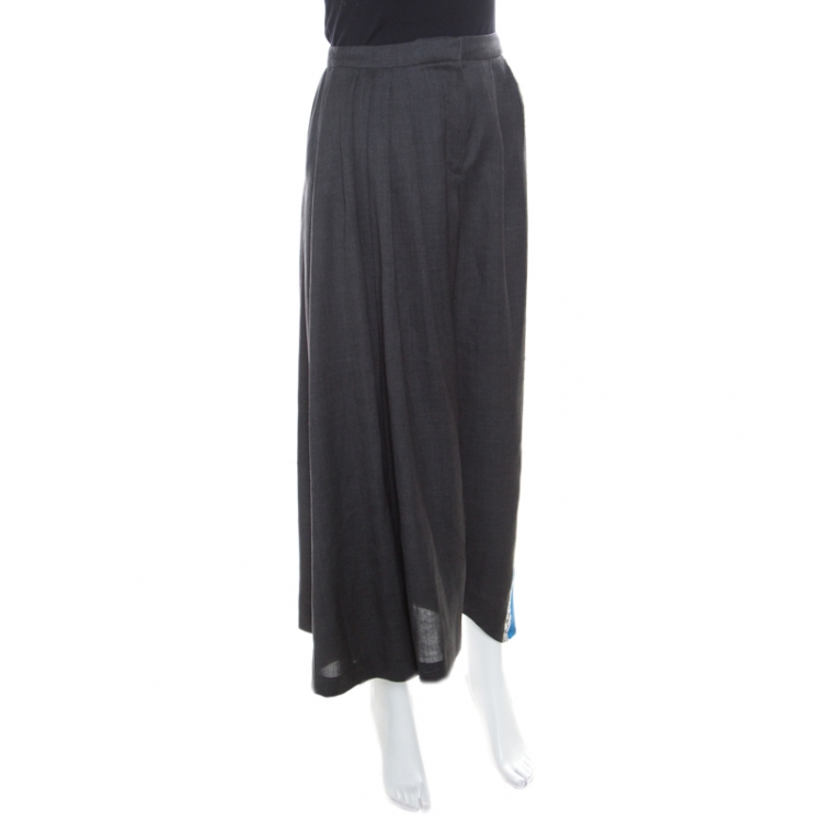 Pre Owned Dior Grey Wool Contrast Lace Panel Detail High Waist Wide Leg Pants S