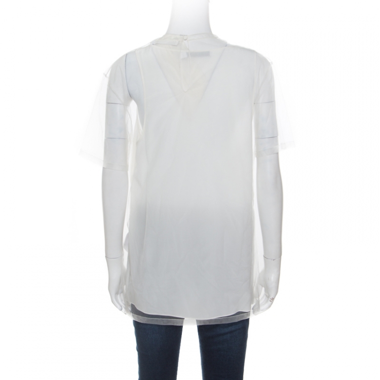 Pre Owned Dior Off White Metallic Le Lion Embroidered Mesh Layered Top L