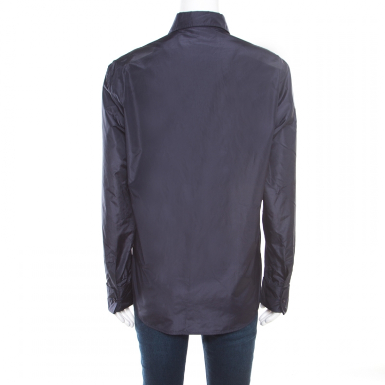 مملوكة مسبقًا Dior Navy Blue Coated Silk Logo Embroidered Button Down Shirt  M