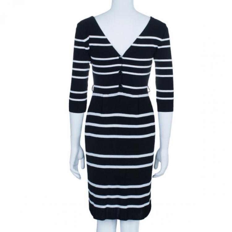 Pre Owned Dior Monochrome Striped Flare Dress L