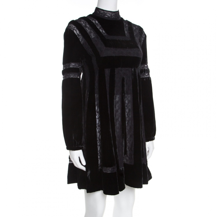 Pre Owned Dior Black Velvet and Lace Paneled Mini Dress M