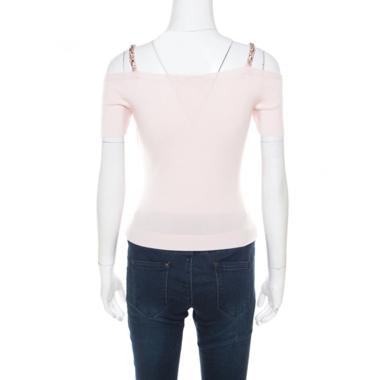 Pre Owned Dior Blush Pink Wool Embellished Strap Detail Cold Shoulder Crop Top S