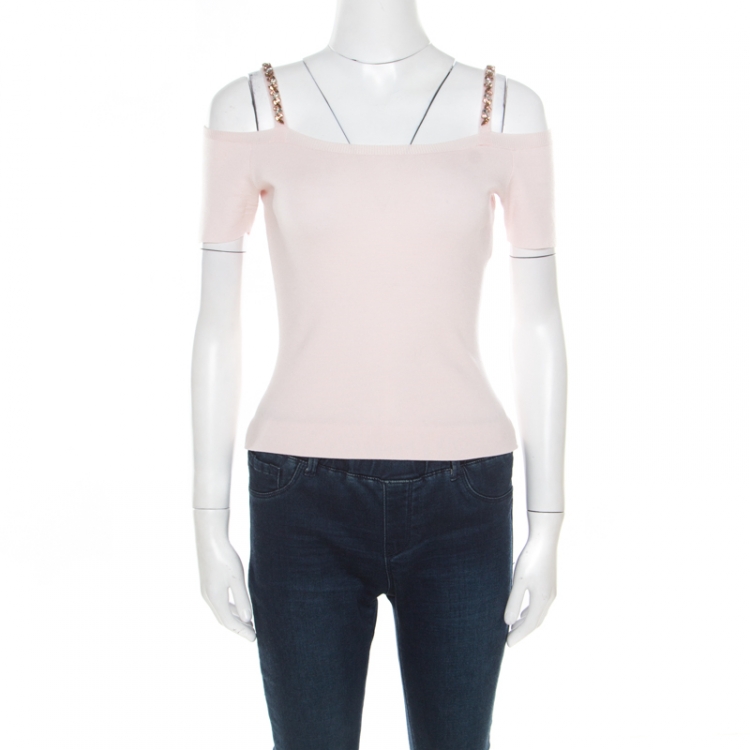 Pre Owned Dior Blush Pink Wool Embellished Strap Detail Cold Shoulder Crop Top S