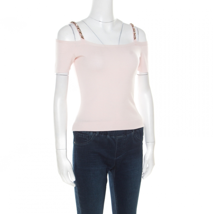Pre Owned Dior Blush Pink Wool Embellished Strap Detail Cold Shoulder Crop Top S