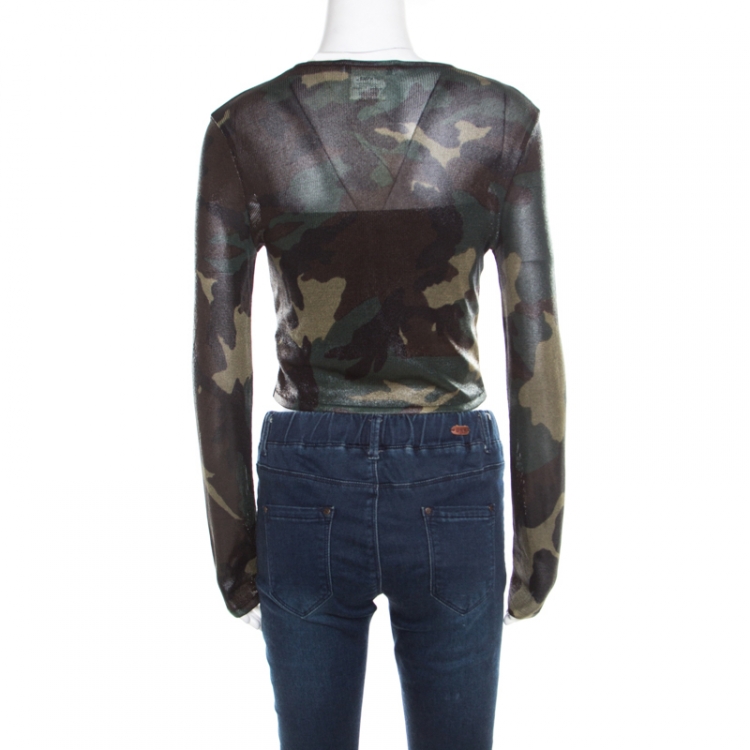 مملوكة مسبقًا Christian Dior Green Metallic Camouflage Print Cropped Cardigan M