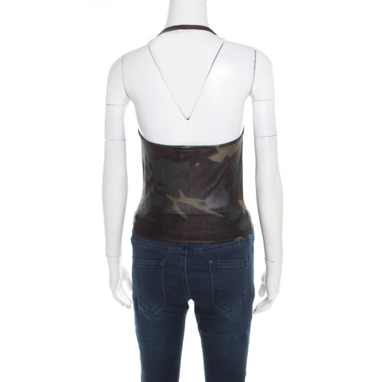 Pre Owned Christian Dior Green Metallic Camouflage Print Cropped Halter Top M