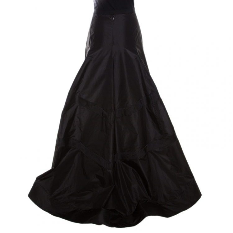 Pre Owned Dior Black Silk High Waist Mesh Insert Asymmetric Hem Flared Skirt S