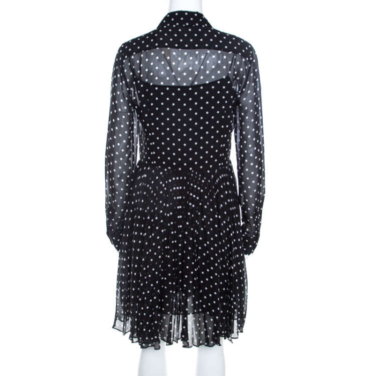 Pre Owned Dior Black and White Silk Polka Dot Pleated Dress M