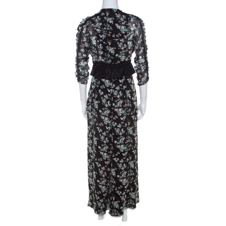 مملوكة مسبقًا Dior Black Floral Print Silk Ruffle Detail Dress S